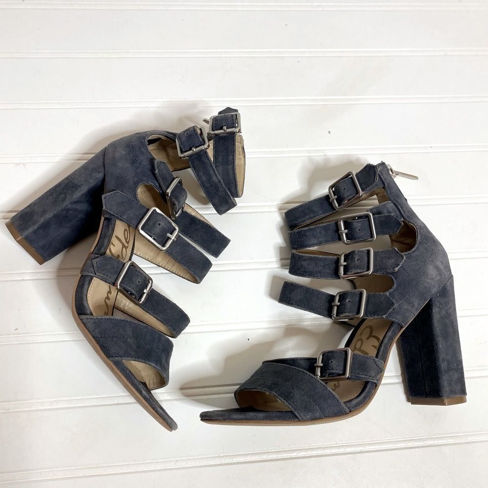 Sam Edelman Navy Blue Suede Leather Yasmina Buckled Caged Heels Size 6.5